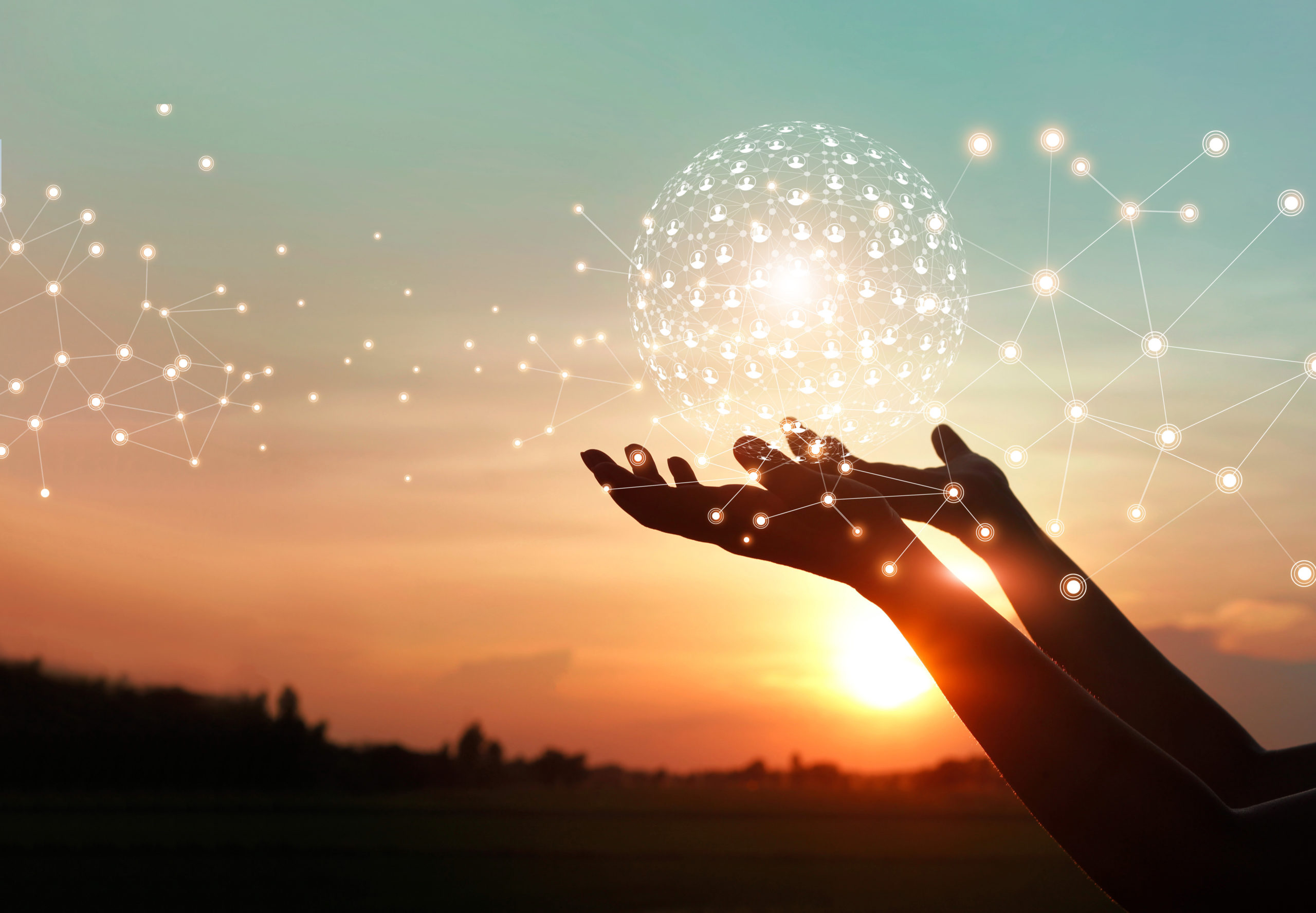 Man hands holding global network and data customer connection on nature background. main tenant des lueurs au coucher de soleil